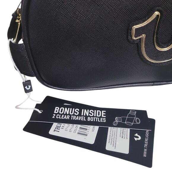 True Religion Men's Vemo Toiletry Bag Black Gold Horseshoe Logo Dopp Kit Bottles - Picture 8 of 9